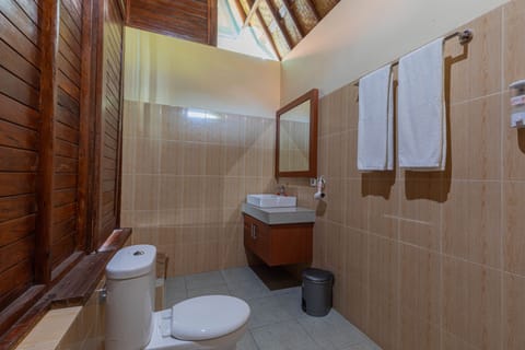 Shower, rainfall showerhead, free toiletries, hair dryer