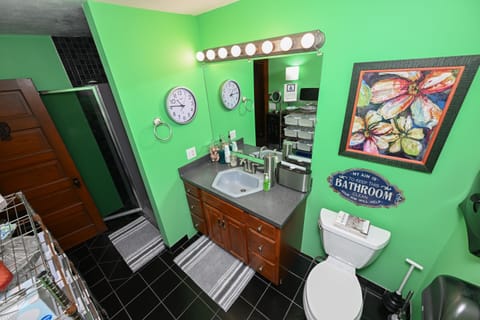 Shower, rainfall showerhead, designer toiletries, hair dryer