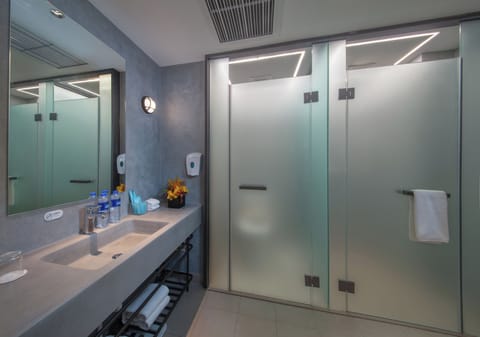 Shower, hydromassage showerhead, free toiletries, hair dryer