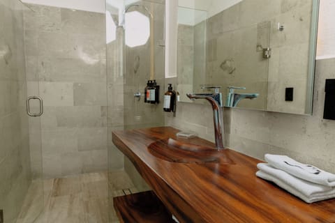 Standard room with pool view, 1 king bed. | Bathroom | Free toiletries, towels, soap, shampoo