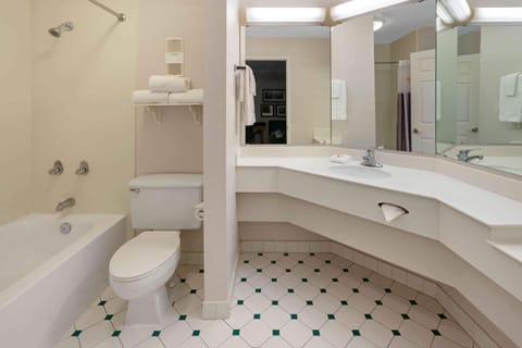 Combined shower/tub, free toiletries, hair dryer, towels