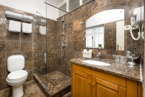 Hair dryer, slippers, towels