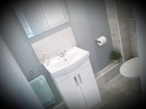 Shower, free toiletries, hair dryer, towels