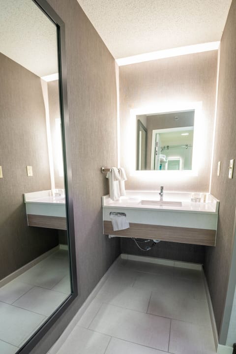 Combined shower/tub, free toiletries, hair dryer, towels