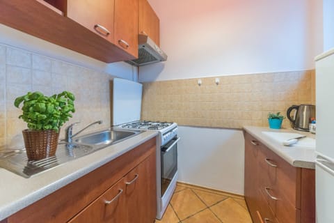 Apartment | Private kitchen | Full-size fridge, stovetop, electric kettle, cookware/dishes/utensils