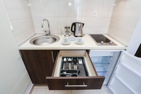 Mini-fridge, electric kettle