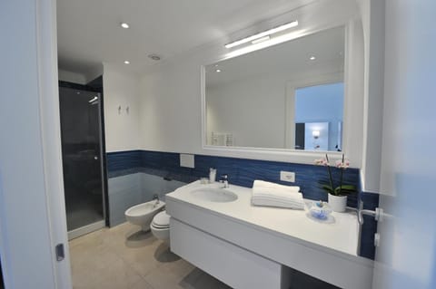 Shower, rainfall showerhead, free toiletries, hair dryer