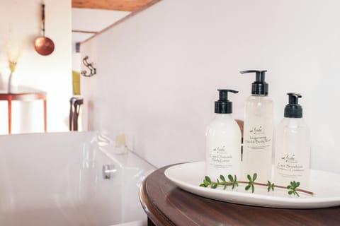 Separate tub and shower, deep soaking tub, rainfall showerhead