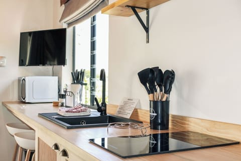 Mini-fridge, microwave, stovetop, electric kettle