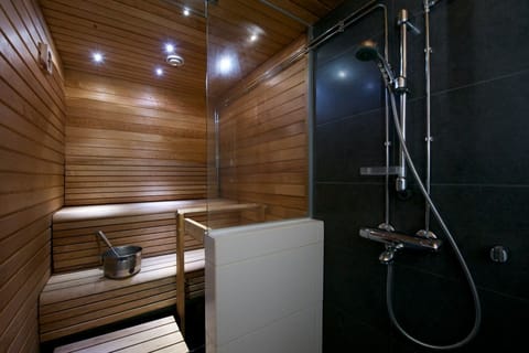 Apartment, 1 Bedroom, Sauna, Courtyard View | Bathroom | Shower, hydromassage showerhead, hair dryer, bidet