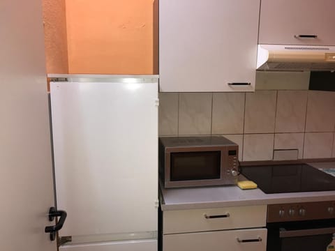 Fridge, microwave, stovetop, cookware/dishes/utensils