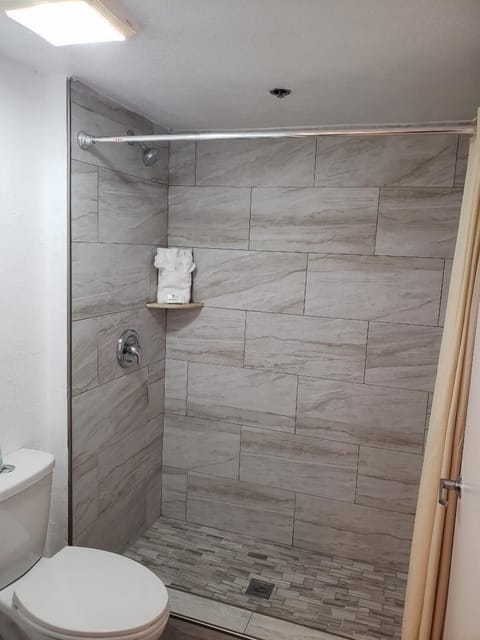 Combined shower/tub, free toiletries, towels