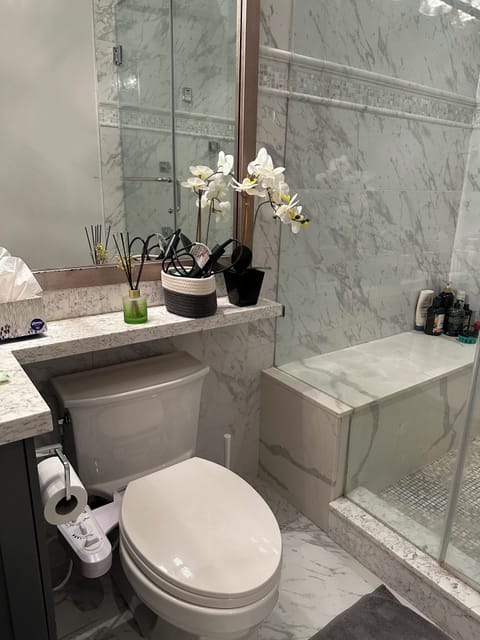 Slippers, towels, soap, toilet paper