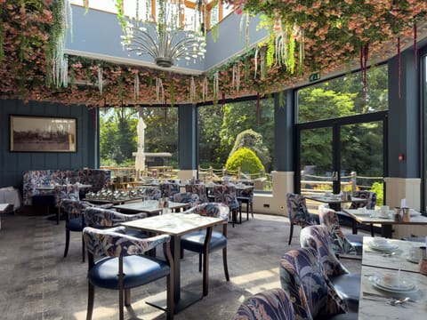 Dinner served, British cuisine, garden views 