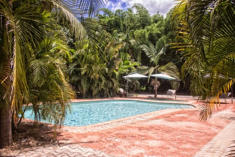 Outdoor pool, pool umbrellas, sun loungers