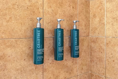 Hair dryer, towels, soap, shampoo