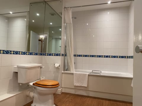 Combined shower/tub, free toiletries, hair dryer, towels