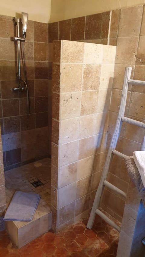 Shower, rainfall showerhead, designer toiletries, hair dryer