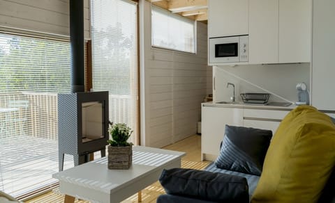 Full-size fridge, microwave, stovetop, coffee/tea maker