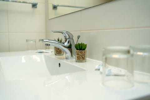 Shower, hydromassage showerhead, free toiletries, hair dryer