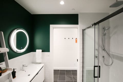 Shower, rainfall showerhead, hair dryer, bathrobes