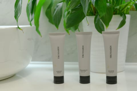 Shower, hydromassage showerhead, free toiletries, hair dryer