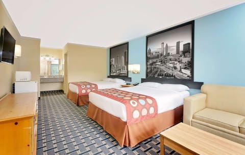 Room, 2 Queen Beds, Non Smoking | Desk, laptop workspace, blackout drapes, iron/ironing board