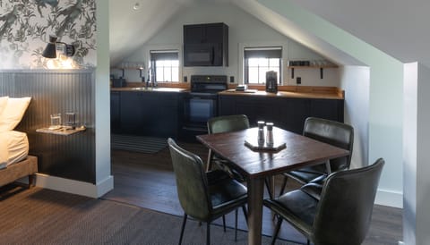 Penthouse King Studio Apartment | Private kitchen | Full-size fridge, microwave, coffee/tea maker, electric kettle