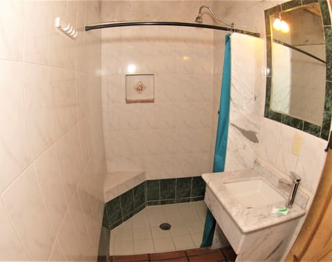 Shower, rainfall showerhead, designer toiletries, towels