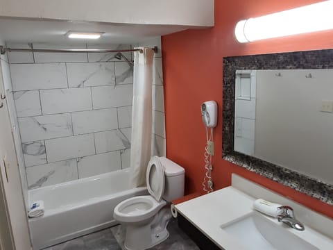 Combined shower/tub, free toiletries, hair dryer, towels