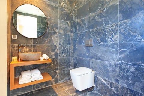 Shower, rainfall showerhead, designer toiletries, hair dryer