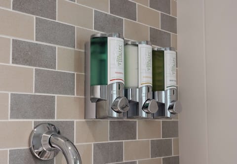 Shower, free toiletries, hair dryer, towels