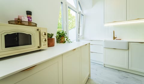 Deluxe Apartment | Private kitchen | Full-size fridge, oven, stovetop, coffee/tea maker