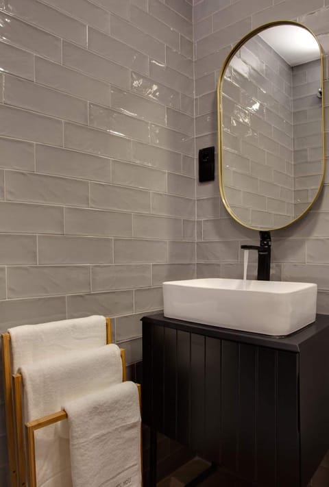 Shower, rainfall showerhead, hair dryer, soap