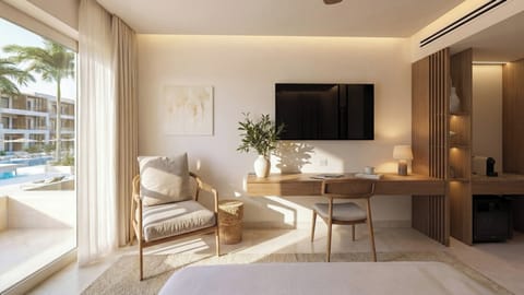 Deluxe Room with Pool View | Living area | 43-inch flat-screen TV with satellite channels, TV