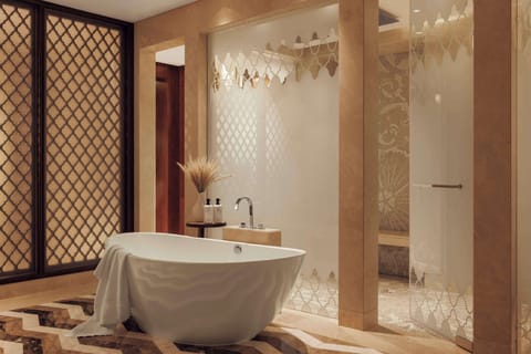 Separate tub and shower, deep soaking tub, rainfall showerhead