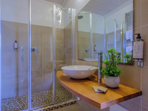 Shower, rainfall showerhead, eco-friendly toiletries, hair dryer