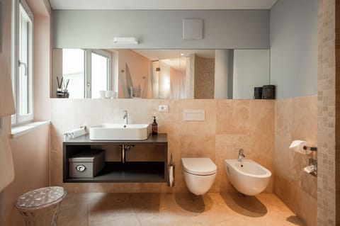 Double Room (Prestige) | Bathroom | Eco-friendly toiletries, hair dryer, bathrobes, slippers