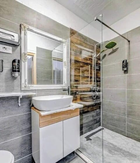 Shower, hydromassage showerhead, free toiletries, hair dryer