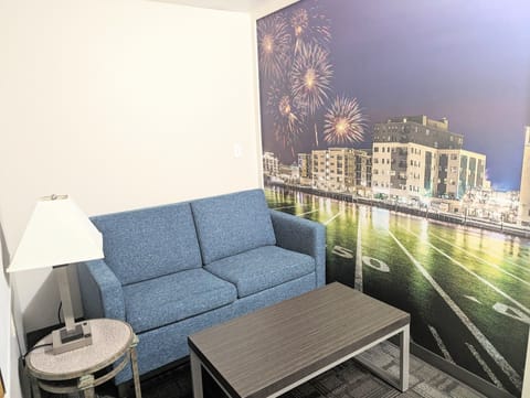 Pillowtop beds, desk, blackout drapes, iron/ironing board