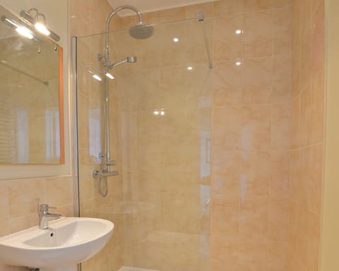 Combined shower/tub, free toiletries, hair dryer, towels