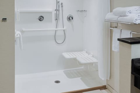 Hydromassage showerhead, free toiletries, hair dryer, towels