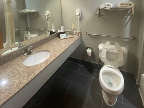 Combined shower/tub, hair dryer, towels