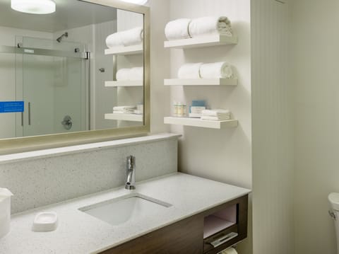 Combined shower/tub, free toiletries, towels