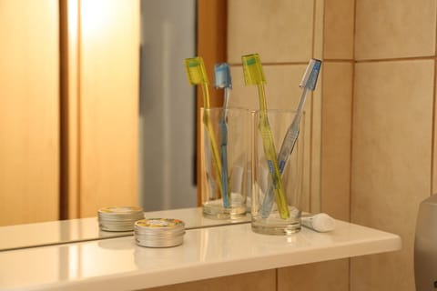 Hair dryer, towels, soap, toilet paper