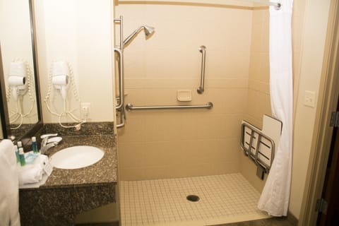 Combined shower/tub, free toiletries, hair dryer, towels