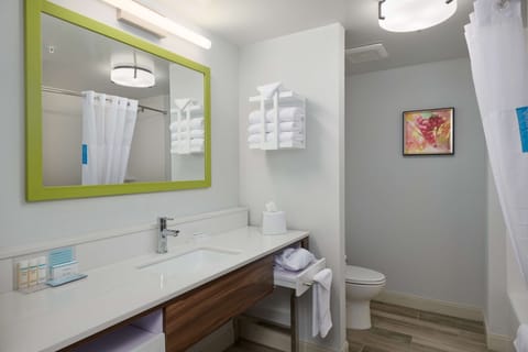 Combined shower/tub, free toiletries, hair dryer, towels