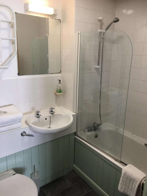 Combined shower/tub, free toiletries, hair dryer, towels