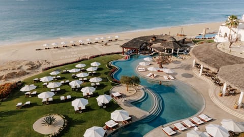 On the beach, beach cabanas, sun loungers, beach umbrellas