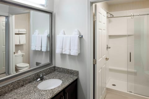 Combined shower/tub, free toiletries, hair dryer, towels